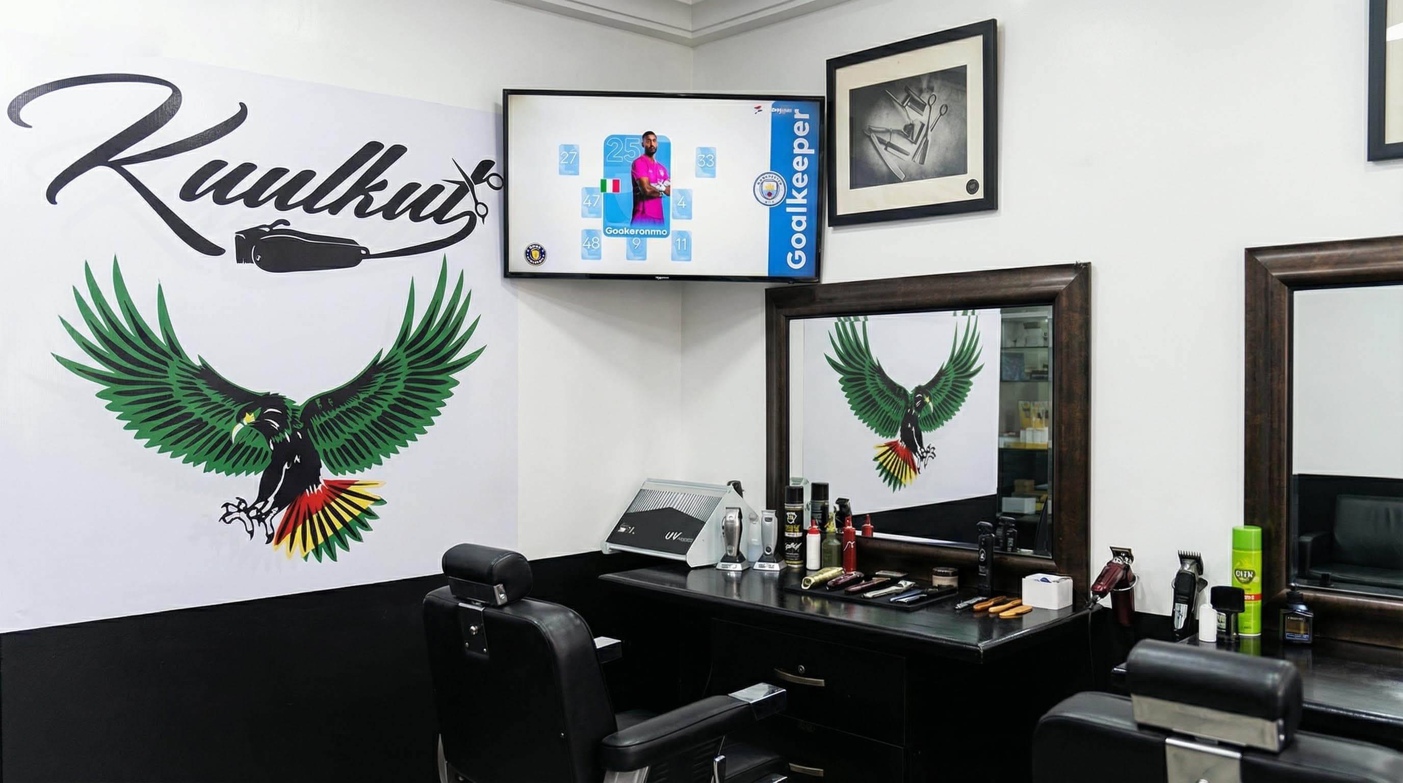 KuulKut logo wall and barber chair